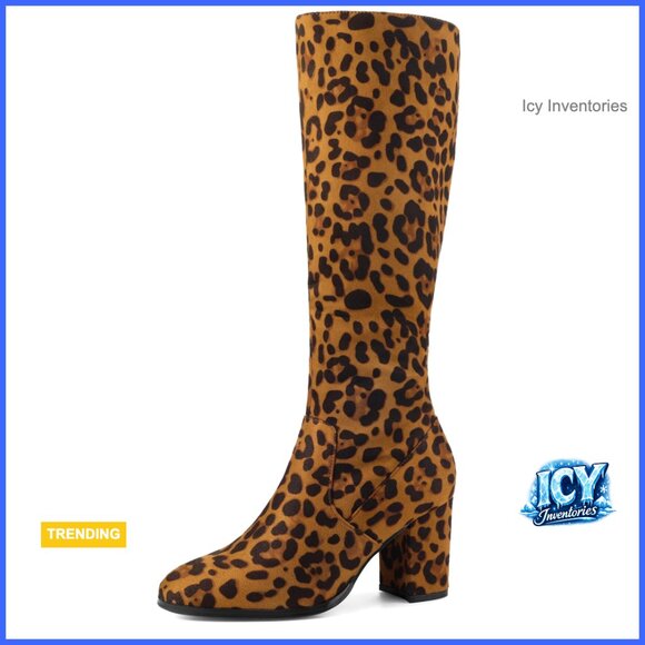 Faux Suede Round Toe Chunky Heel Knee High Boots